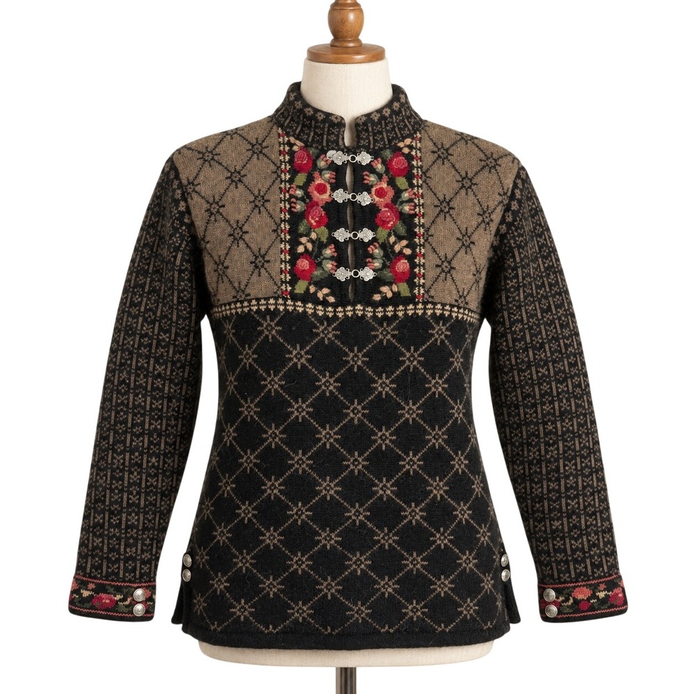 Wool Vintage Nordic Floral Sweater Icelandic Design S Embroidered Hook Clasp